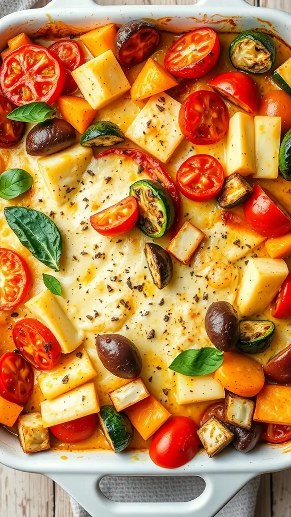 A colorful casserole dish filled with a medley of roasted vegetables topped with melted cheese.