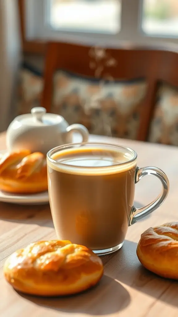 A steaming cup of coffee with MCT oil, surrounded by light breakfast treats.