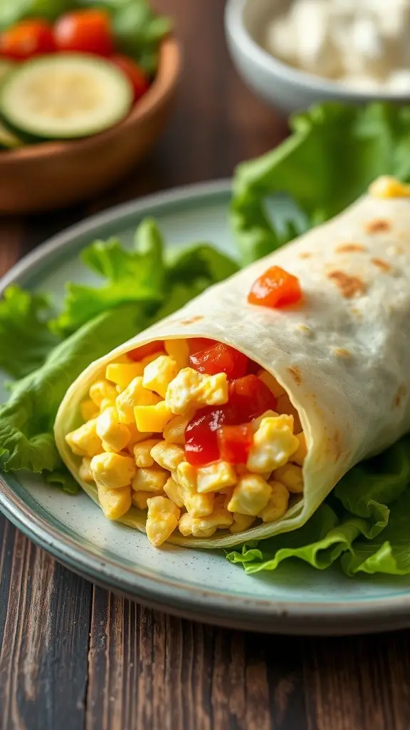 A delicious Keto Breakfast Burrito made with scrambled eggs and veggies wrapped in a lettuce leaf.