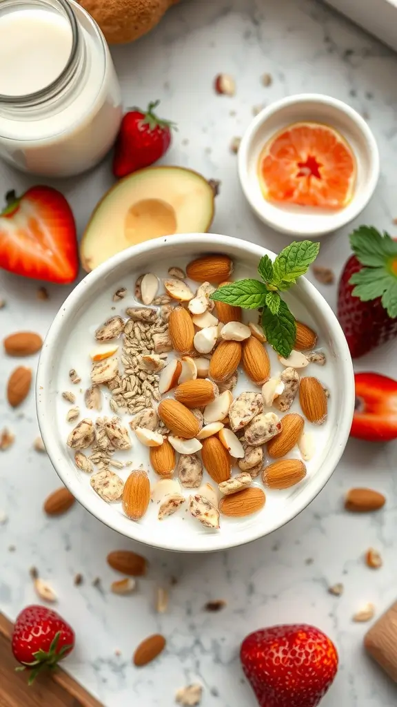 A bowl of keto cereal with flaxseeds and almonds topped with milk and fresh strawberries.