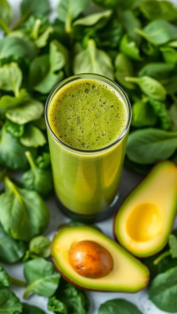 A refreshing green smoothie made with spinach and avocado, surrounded by fresh spinach leaves and avocado halves.