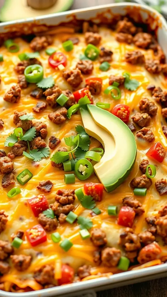 A delicious keto taco casserole topped with avocado and green onions