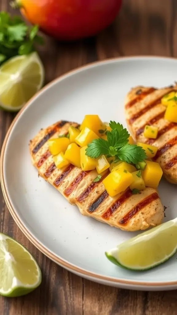 Grilled chicken breast topped with fresh mango salsa, garnished with cilantro and lime wedges.