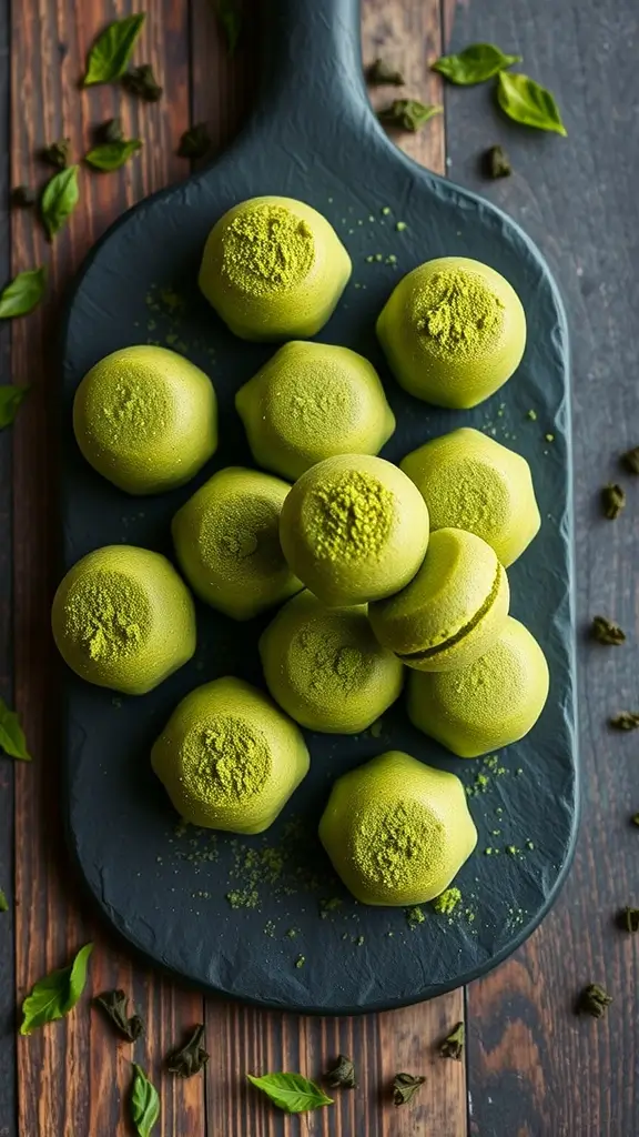 A plate of matcha green tea fat bombs arranged neatly.