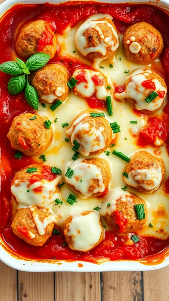 A casserole dish filled with meatballs, zucchini, marinara sauce, and melted cheese.
