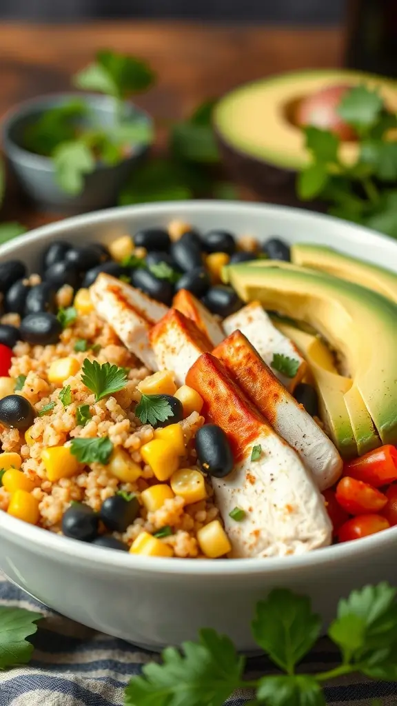 A colorful Mexican Chicken Quinoa Bowl with chicken, quinoa, avocado, corn, and black beans.