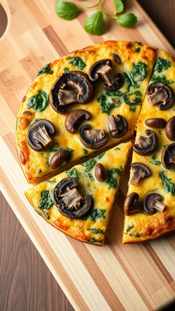 A delicious Mushroom and Spinach Frittata sliced and ready to serve.