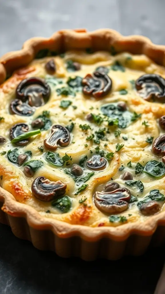 A delicious mushroom and spinach quiche casserole in a pie dish.