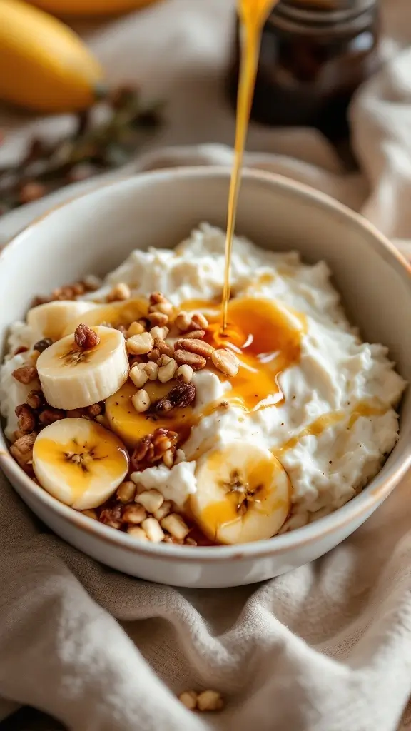 Nutty Banana and Cottage Cheese Bowl with honey drizzle and nuts.