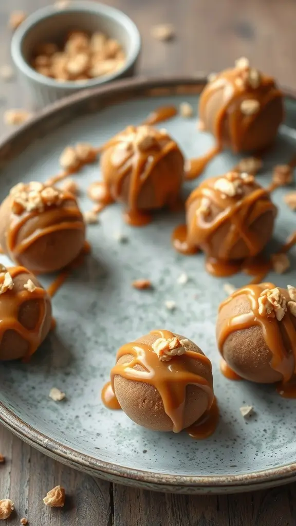 Nutty caramel fat bombs arranged on a plate drizzled with caramel sauce