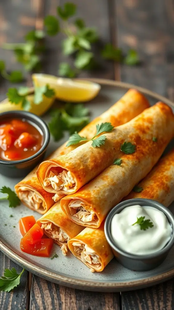 Plate of oven-baked chicken taquitos served with salsa and sour cream, garnished with cilantro.