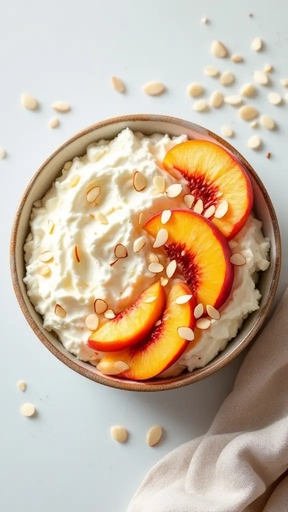 Peach and Almond Cottage Cheese Bowl with peach slices and almond slivers on top.