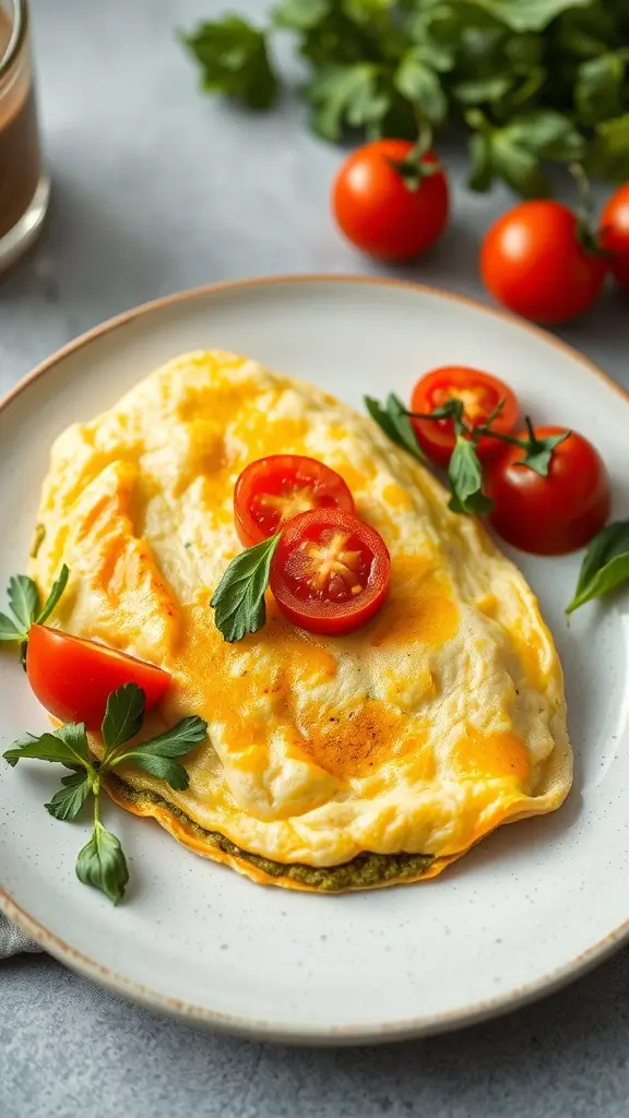 A delicious pesto and tomato omelette served with cherry tomatoes and fresh herbs.