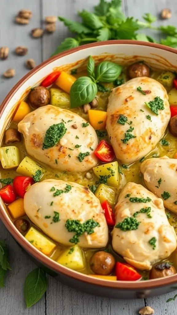 A delicious Pesto Chicken and Veggie Bake with colorful vegetables.