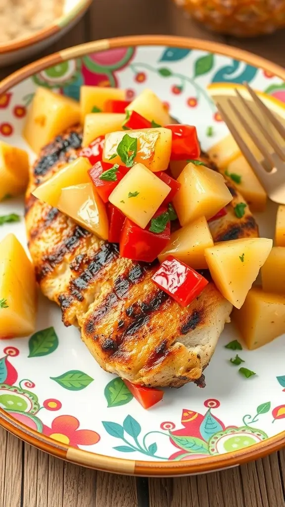 Grilled chicken breast topped with pineapple salsa and diced vegetables on a colorful plate