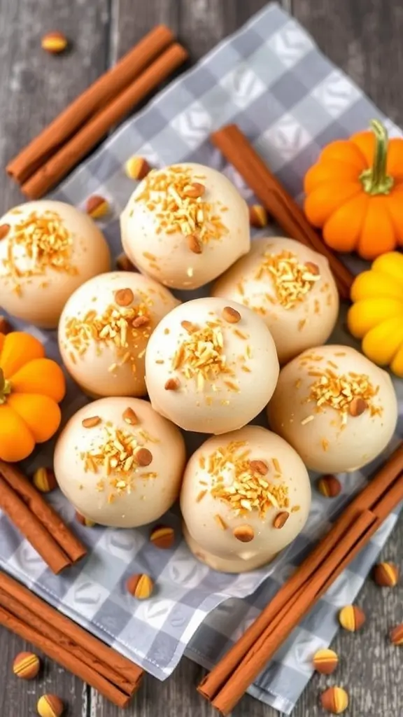 A plate of pumpkin spice fat bombs surrounded by mini pumpkins and cinnamon sticks.