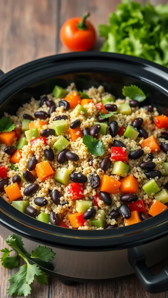 A colorful bowl of quinoa and black bean salad with bell peppers and cilantro.