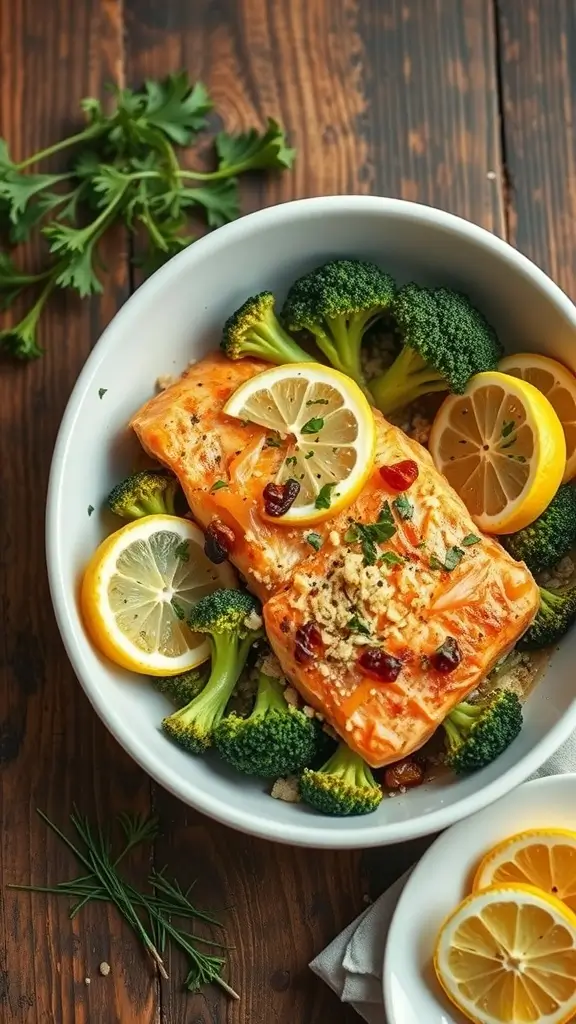 A delicious baked salmon with broccoli and lemon slices in a white bowl.