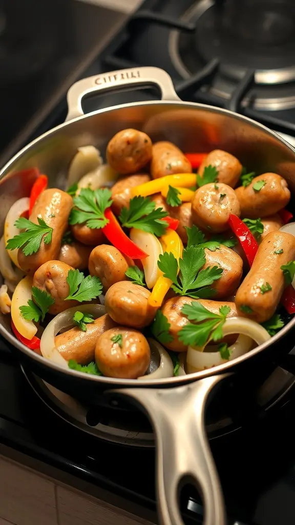 A skillet with sliced sausage, bell peppers, and onions garnished with parsley.