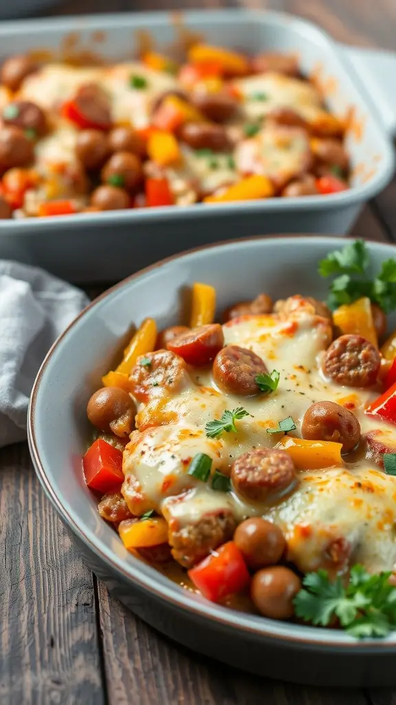 A delicious Sausage and Pepper Casserole with vibrant colors and melted cheese.