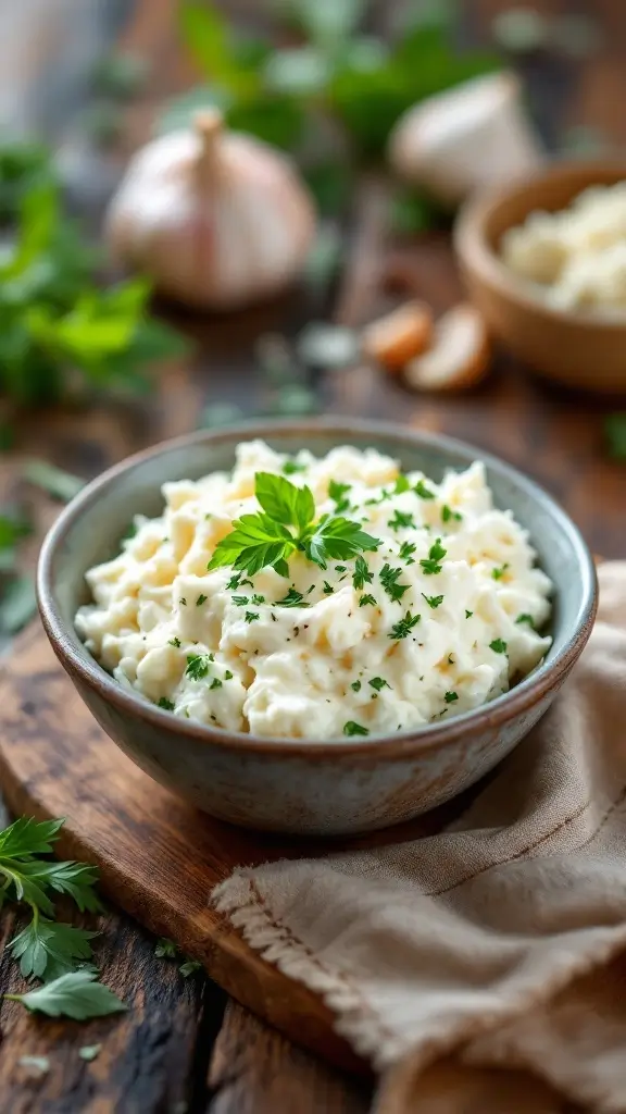 A bowl of creamy cottage cheese topped with herbs and garlic, sitting on a wooden table.