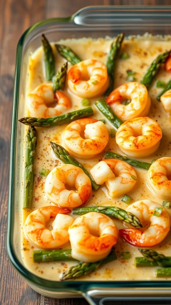 A delicious shrimp and asparagus casserole with creamy sauce on top.