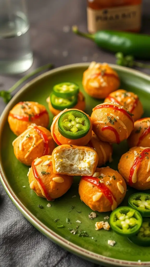 A plate of spicy jalapeño cheese fat bombs garnished with sliced jalapeños.