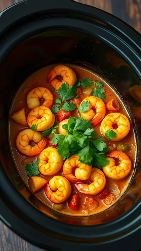 A bowl of spicy shrimp and vegetable curry with cilantro