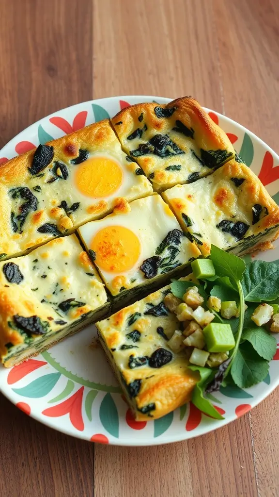 A delicious spinach and feta egg bake sliced and served on a plate.