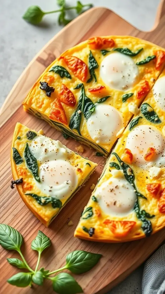 A slice of Spinach and Feta Egg Casserole on a wooden board.