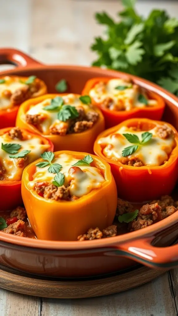 A delicious stuffed bell pepper casserole featuring colorful bell peppers filled with a savory mixture.