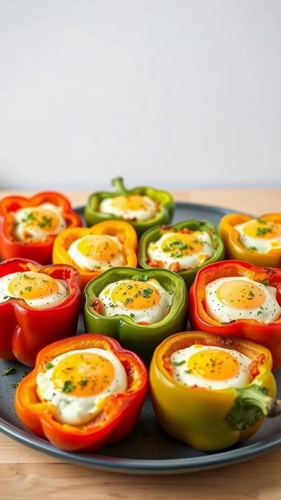 Colorful stuffed bell peppers filled with eggs and cheese on a plate.