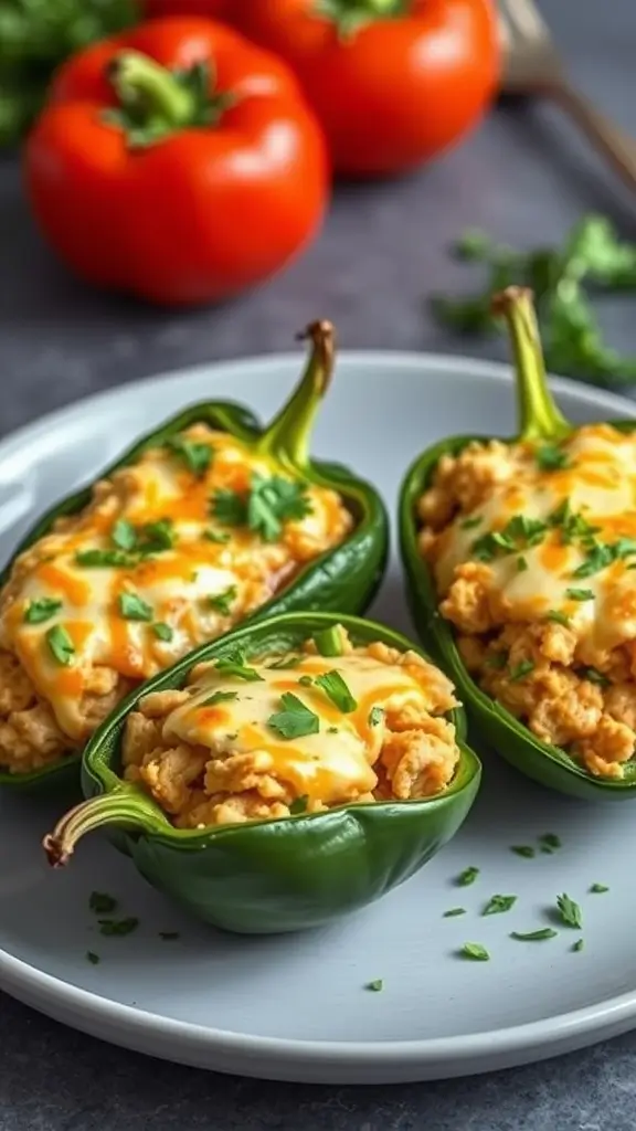 Delicious stuffed poblano peppers with chicken, topped with melted cheese and garnished with fresh cilantro.