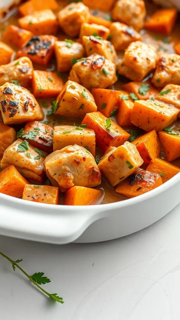 A delicious Sweet Potato and Chicken Casserole with diced chicken and sweet potatoes.