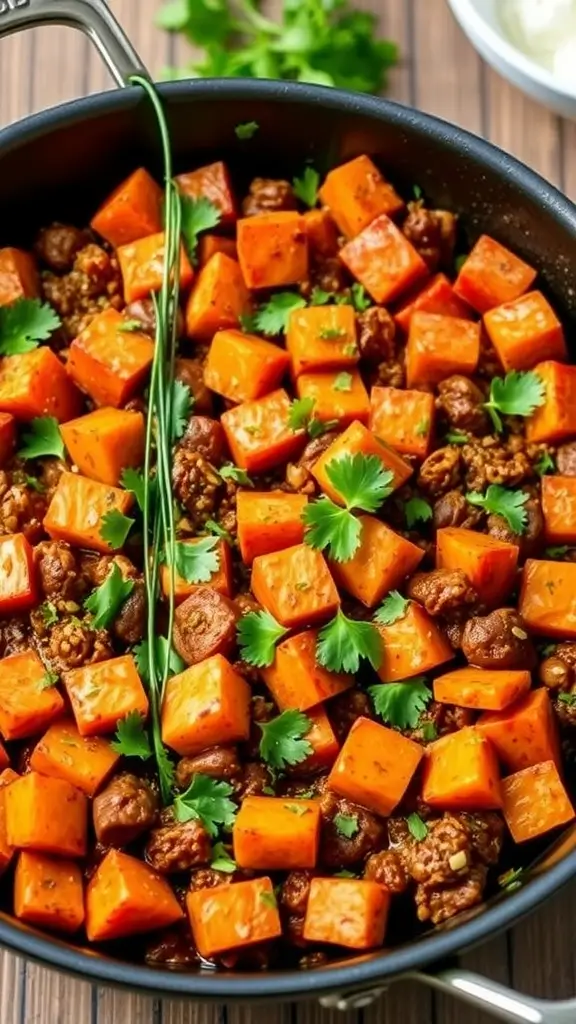 A colorful dish of sweet potato and chorizo hash topped with fresh herbs.
