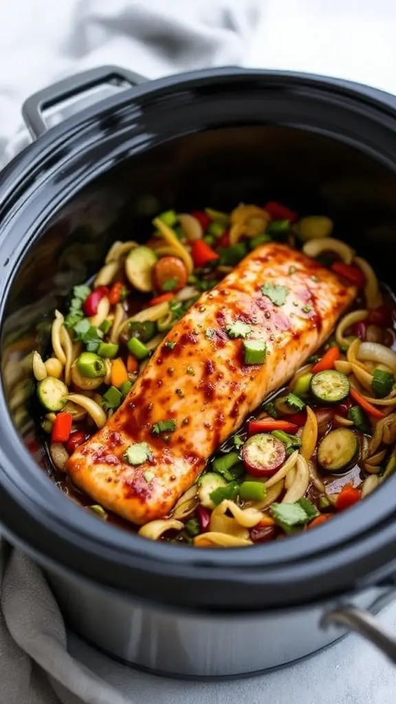 A delicious serving of teriyaki salmon with vibrant stir-fried veggies and noodles in a crockpot.