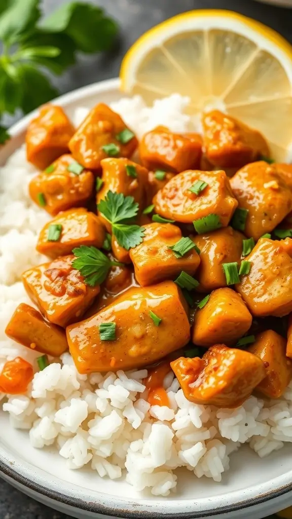 A bowl of Thai peanut chicken served over white rice, garnished with cilantro and green onions.