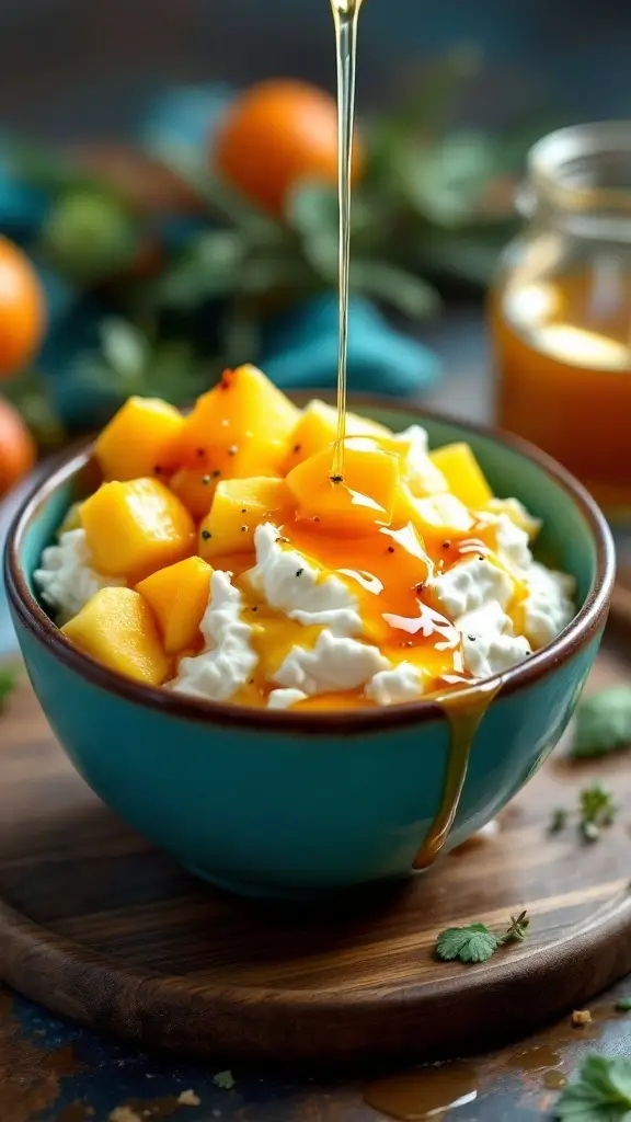 A refreshing bowl of cottage cheese topped with tropical fruits and honey, set on a wooden surface.