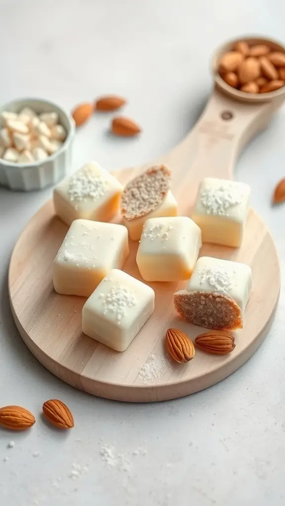 A wooden platter with Vanilla Almond Fat Bombs and almonds scattered around.