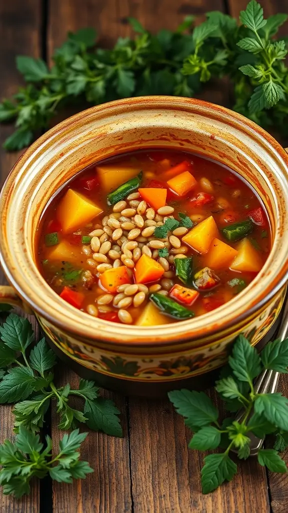 A hearty bowl of vegetable and barley soup garnished with fresh herbs.
