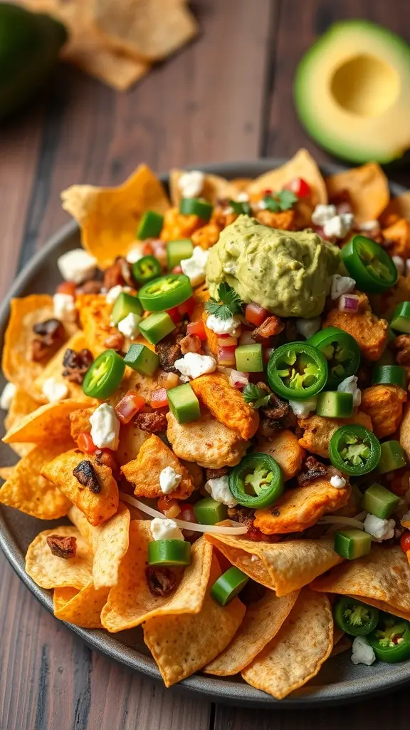 A plate of zesty chicken nachos topped with jalapeños, guacamole, and fresh veggies.