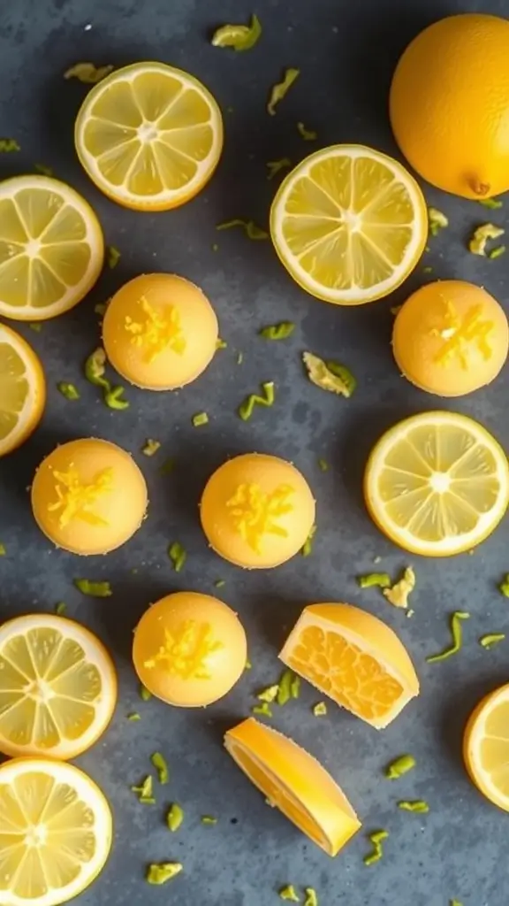 Zesty Lemon Fat Bombs arranged with fresh lemon slices