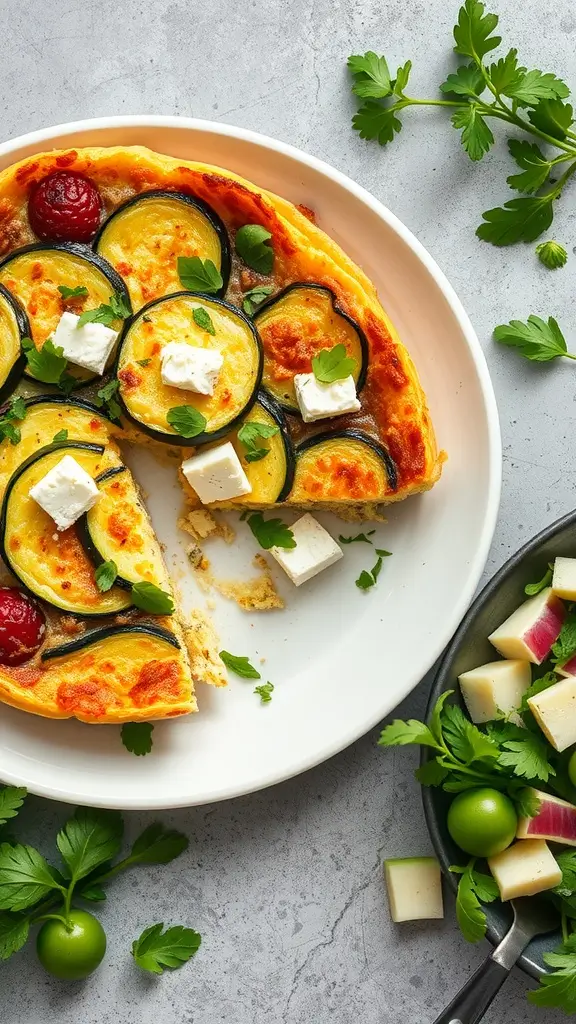 A slice of zucchini and feta frittata on a plate with fresh herbs