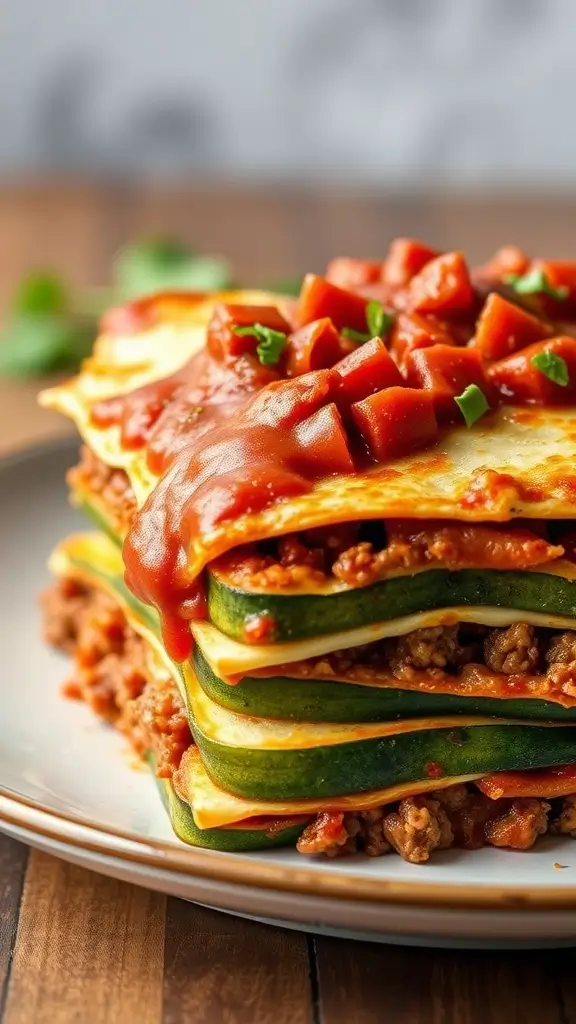 A delicious serving of zucchini lasagna with ground beef, layered with marinara sauce and topped with cheese.