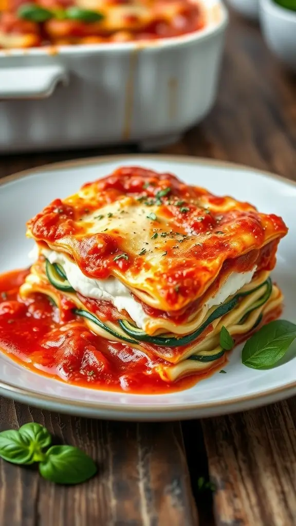 A serving of zucchini noodle lasagna topped with marinara sauce and fresh basil.