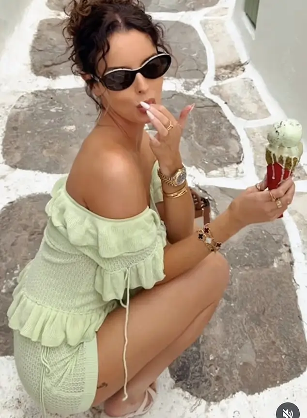 Maura Higgins showcased her allure in a mint green ensemble, indulging in an ice cream during her Greek retreat on Sunday.
