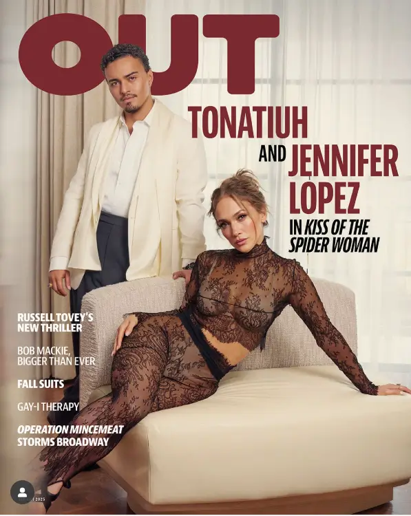 She sported a sophisticated, long-sleeved top with see-through black lace embellishments while advertising Kiss of the Spider Woman while posing from an enormous couch.