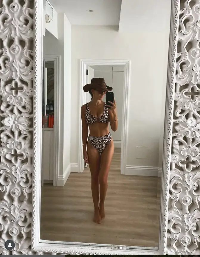 Michelle Keegan stunned in a recent mirror selfie while showing off her sun-kissed body in a zebra-print bikini.